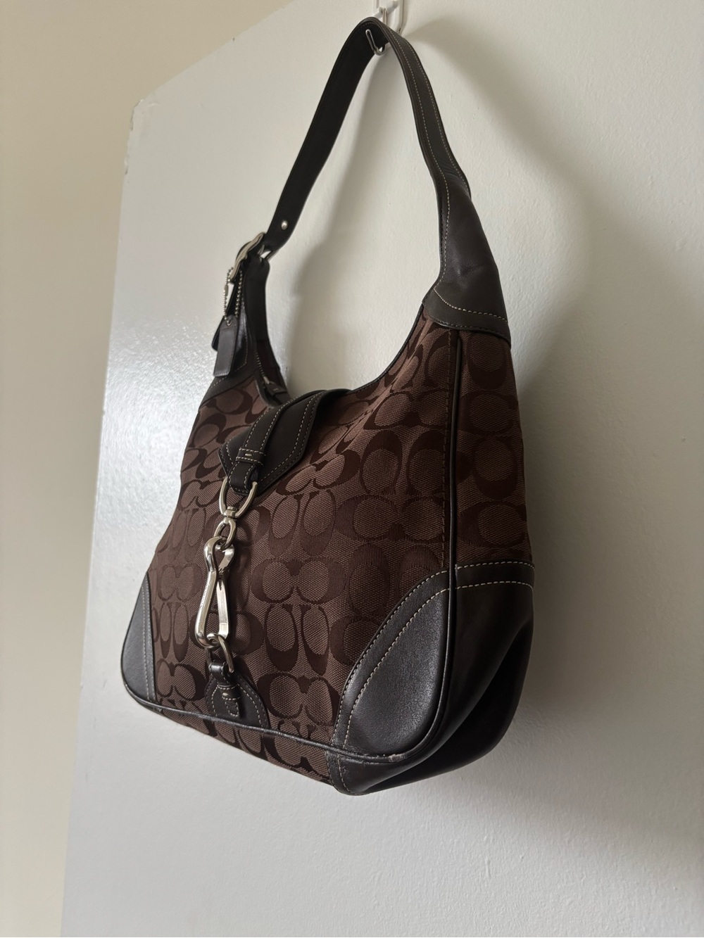 Coach Brown Signature Canvas Hobo with Dark Brown Leather Trim - Picture 7 of 13